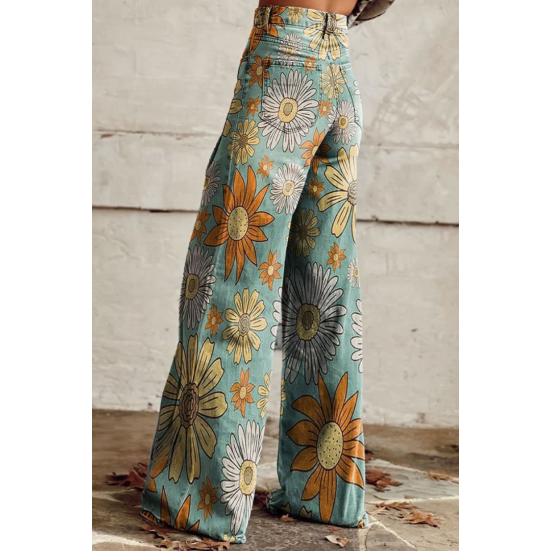 Women's High Waisted Floral Design Pants | Wide Leg