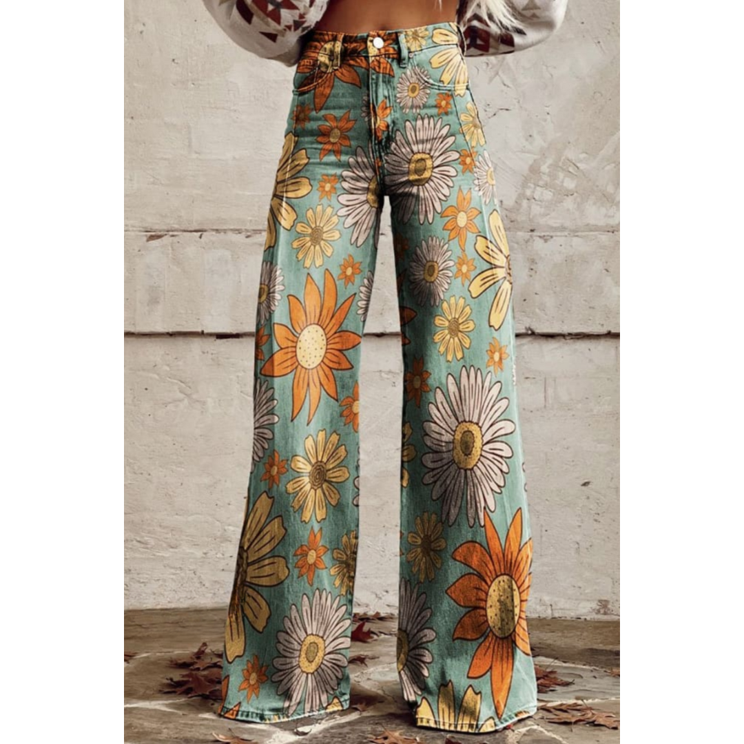 Women's High Waisted Floral Design Pants | Wide Leg