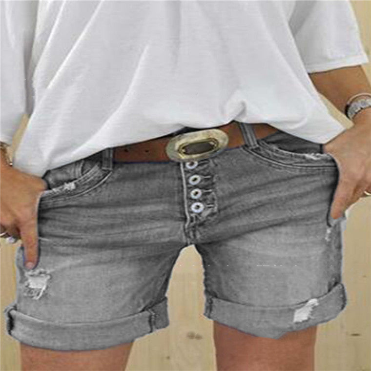 Women's Ripped Summer Shorts with Rolled Hem | Button