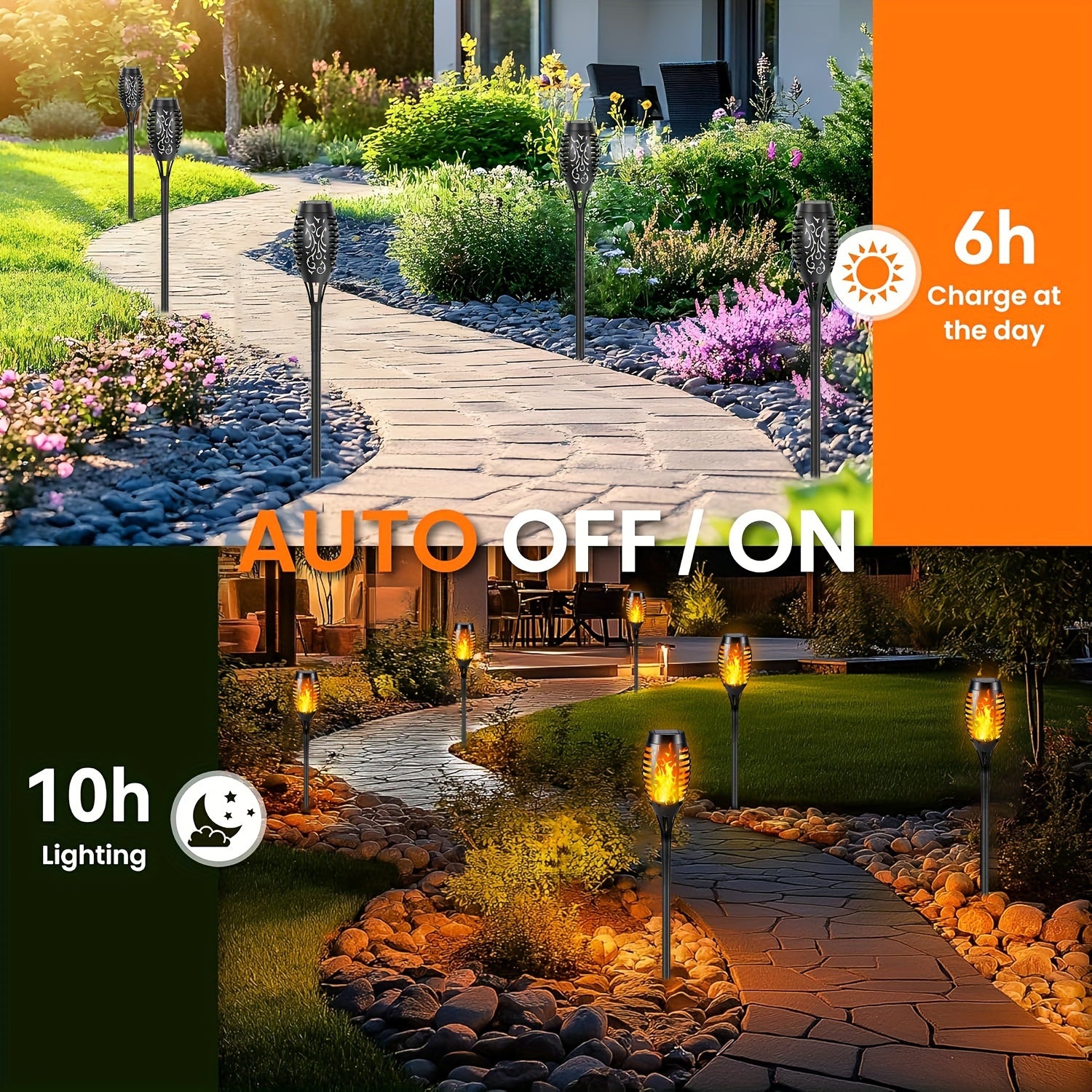 Solar Flickering Flame Garden Lights, Eco-Friendly Plastic, Auto On/Off for Outdoor Use