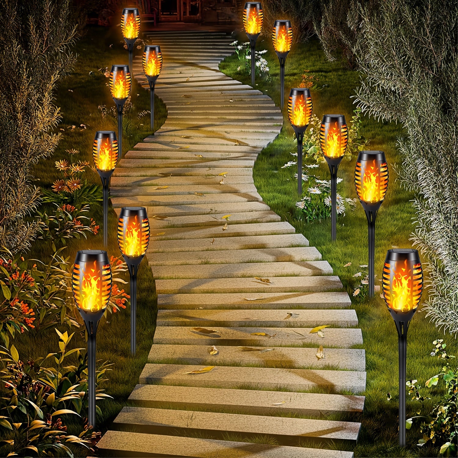 Solar Flickering Flame Garden Lights, Eco-Friendly Plastic, Auto On/Off for Outdoor Use