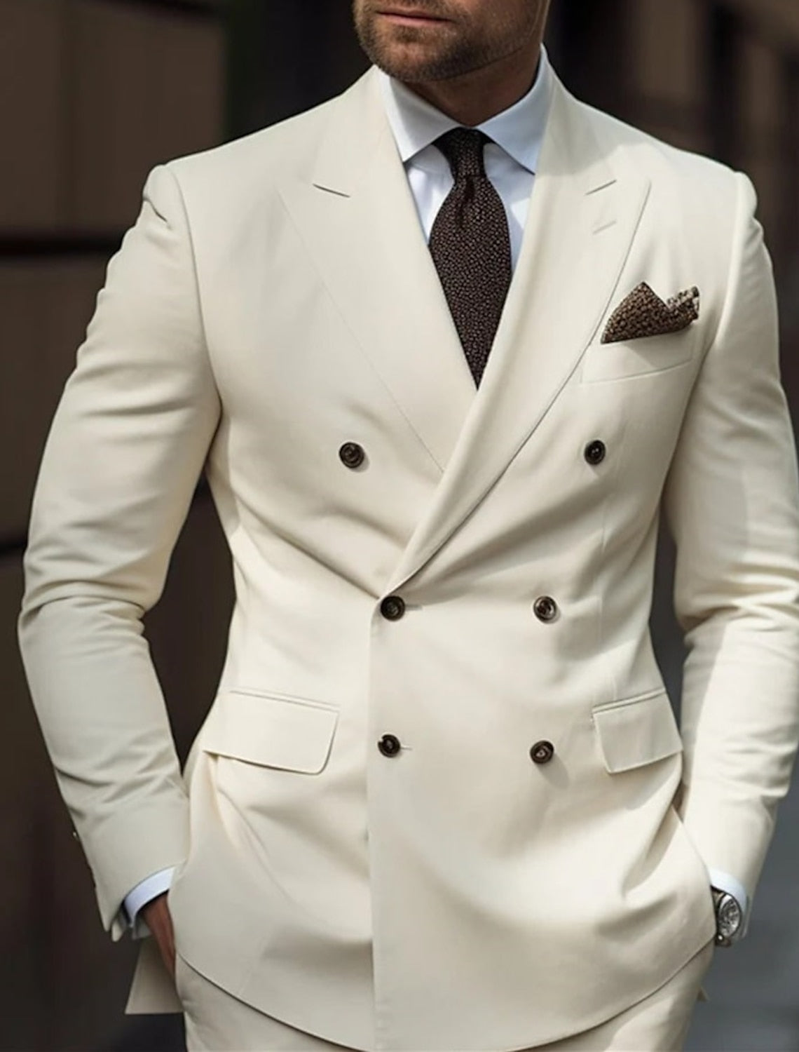 Men's Double Breasted Two Piece White Suits | 6 Buttons