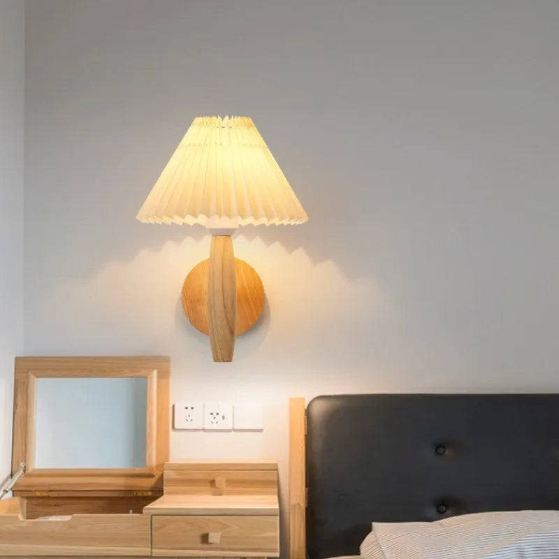 Modern Wooden Wall Lamp with Fabric Shade – Stylish Wall Light for Bedroom & Living Room