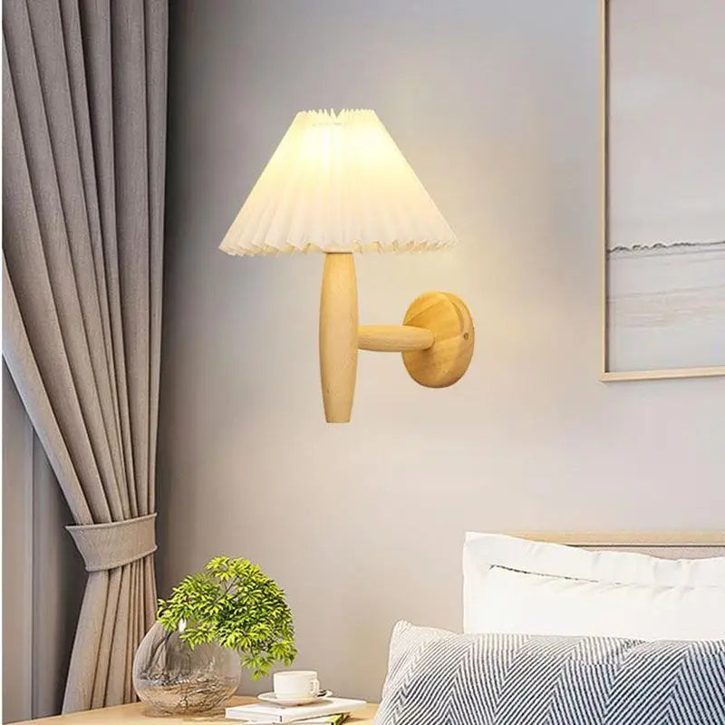 Modern Wooden Wall Lamp with Fabric Shade – Stylish Wall Light for Bedroom & Living Room