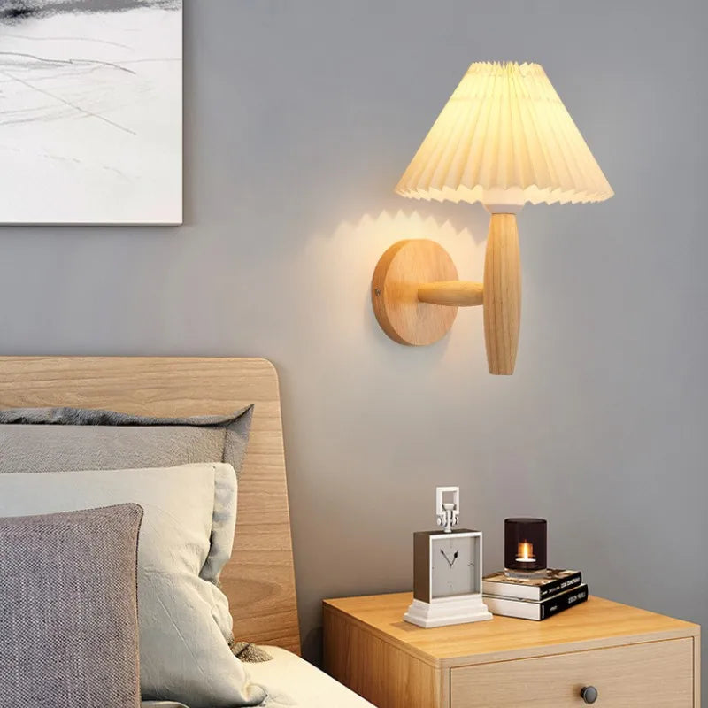 Modern Wooden Wall Lamp with Fabric Shade – Stylish Wall Light for Bedroom & Living Room