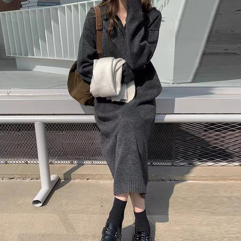 Women's Knitted Dress with Collar | Midi