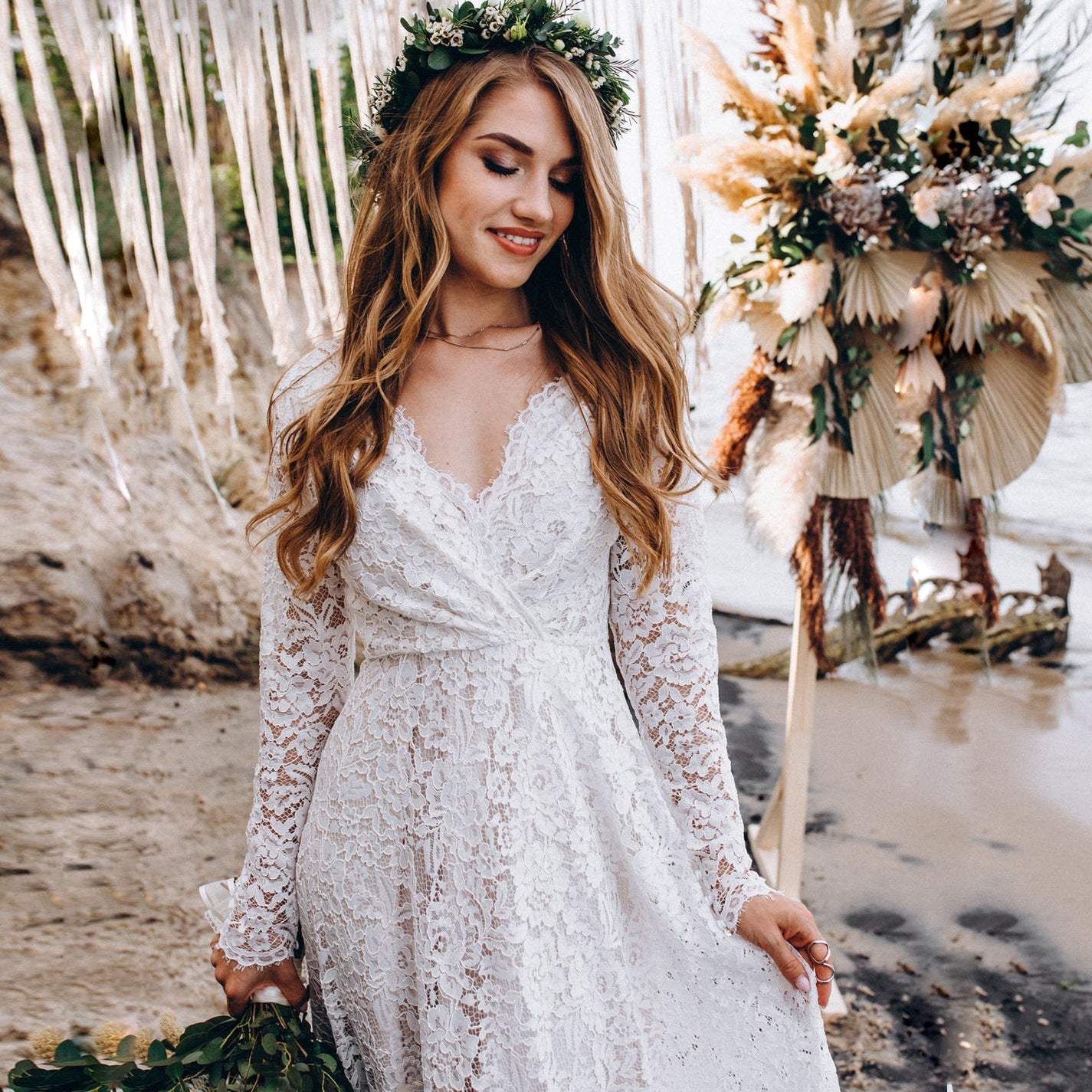 Women's White Boho Wrap Wedding Guest Dress | Maxi