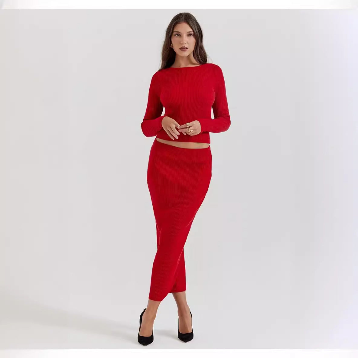 Women's Red Two Piece Knitted Dress | Midi