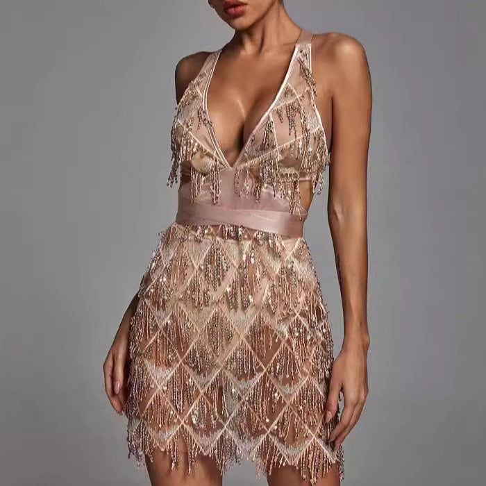 Women's V Neck Sequin New Year's Dress | Mini