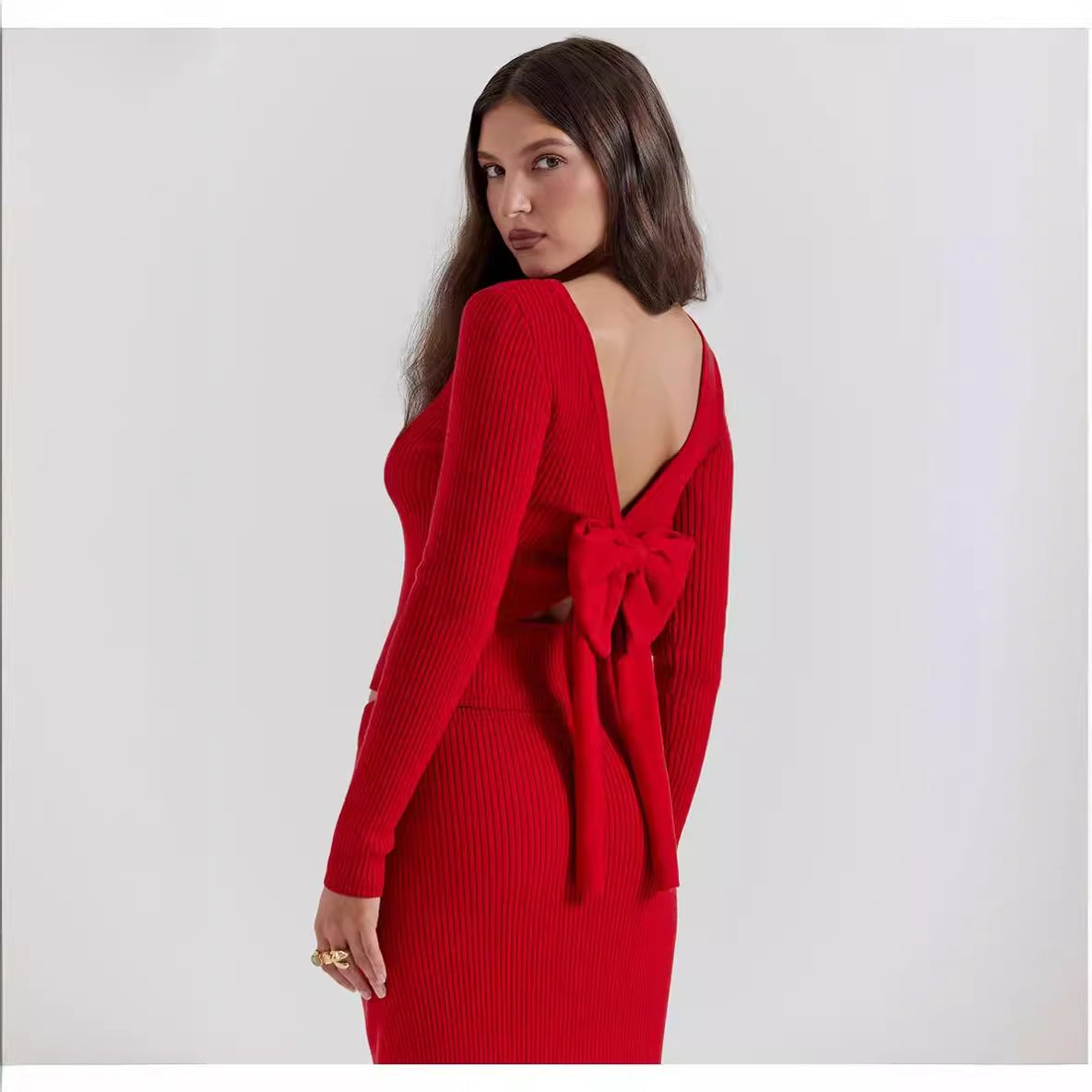 Women's Red Two Piece Knitted Dress | Midi