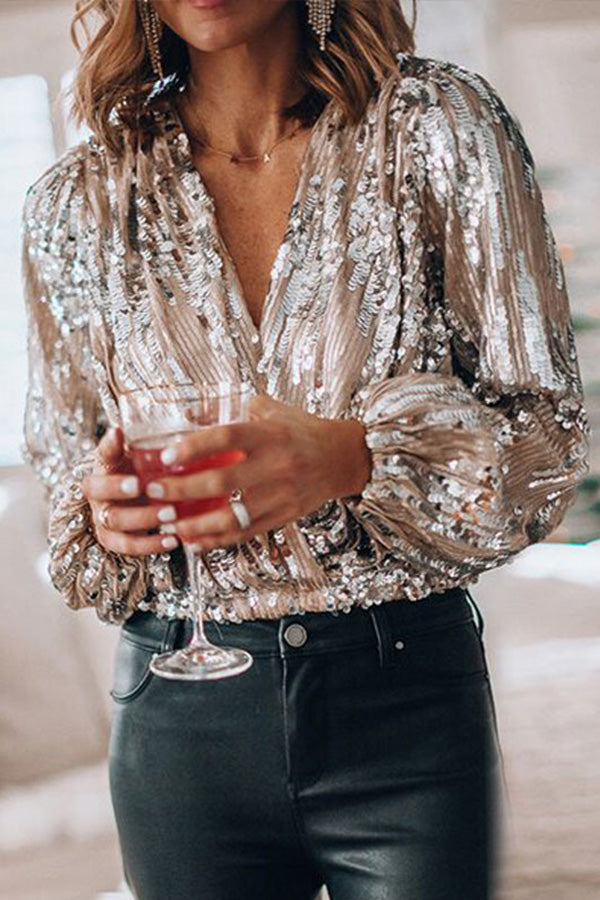 Women's Sequin V Neck Blouse | New Year