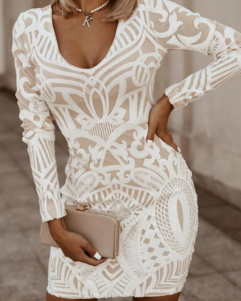 Women's V Neck Long Sleeve Knitted Dress | Mini