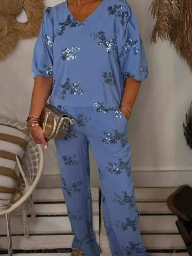 Women’s Two Piece Sequin Top & Pants Set | V Neck