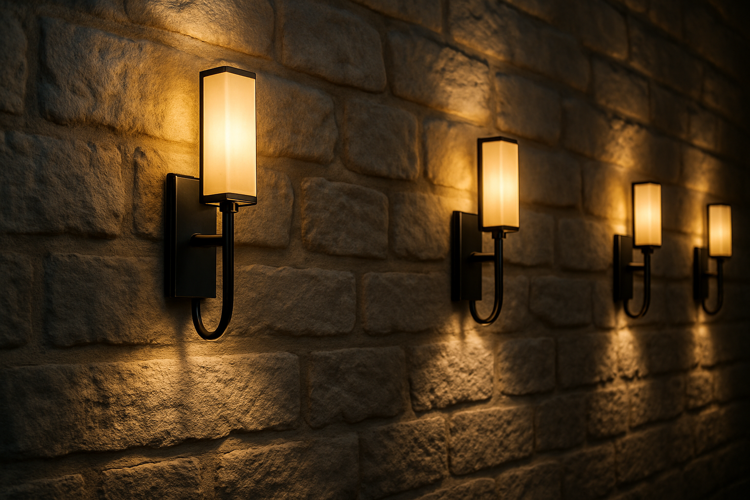 Make a nice picture of some wall lights on a stone wall, realistic
