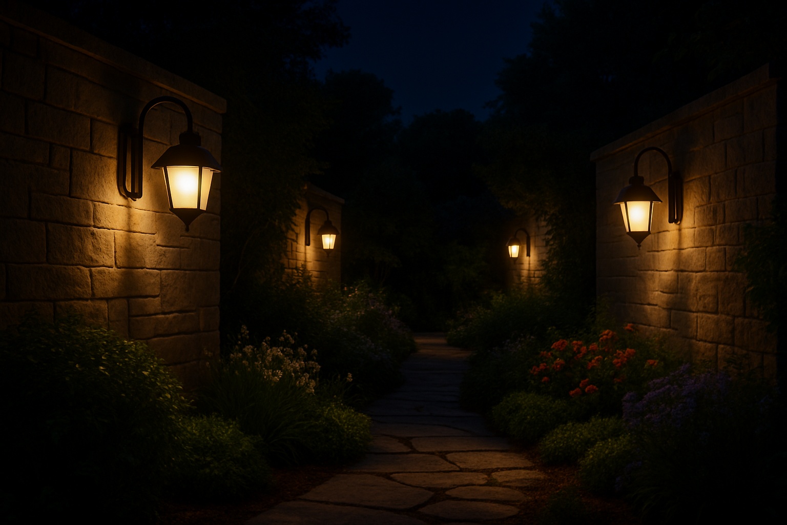 Make an image of a garden with nice wall lights , its night time and the lamps stand out
