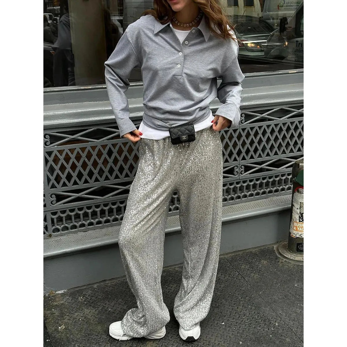 Women's Sequin Loose Mid Waist Pants | Casual