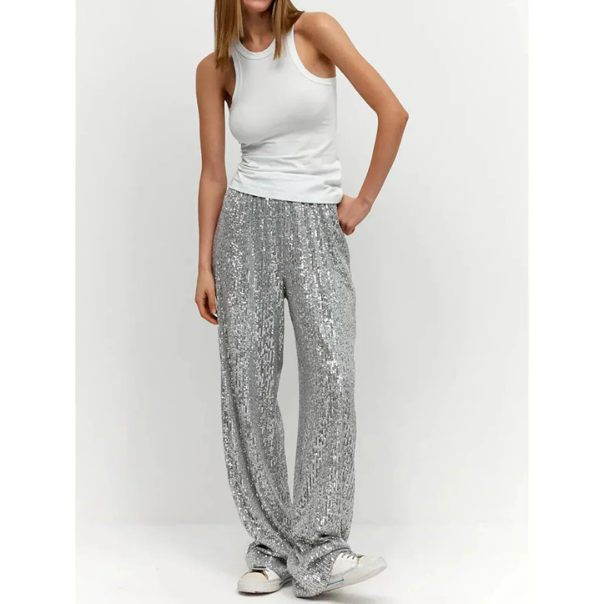 Women's Sequin Loose Mid Waist Pants | Casual