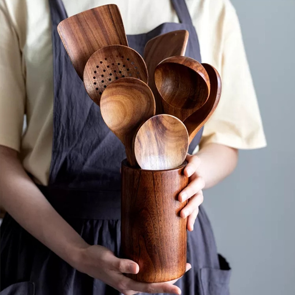 Sustainable Teak Wood Kitchen Utensils Set - Eco-Friendly Cooking Accessories