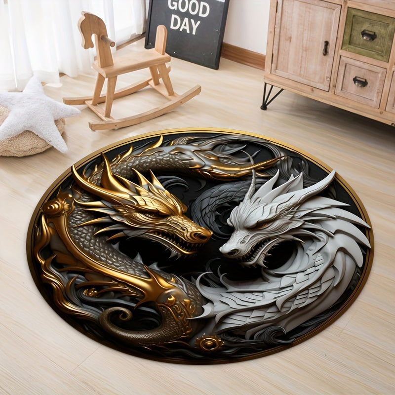 Round Carpet with Dragon Pattern – Non-Slip Fantasy Carpet for Living Room & Bedroom