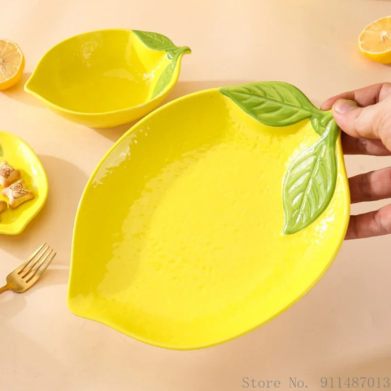 Lemon-Shaped Ceramic Dinnerware Set, Decorative Serving Bowls and Plates for the Dining Table