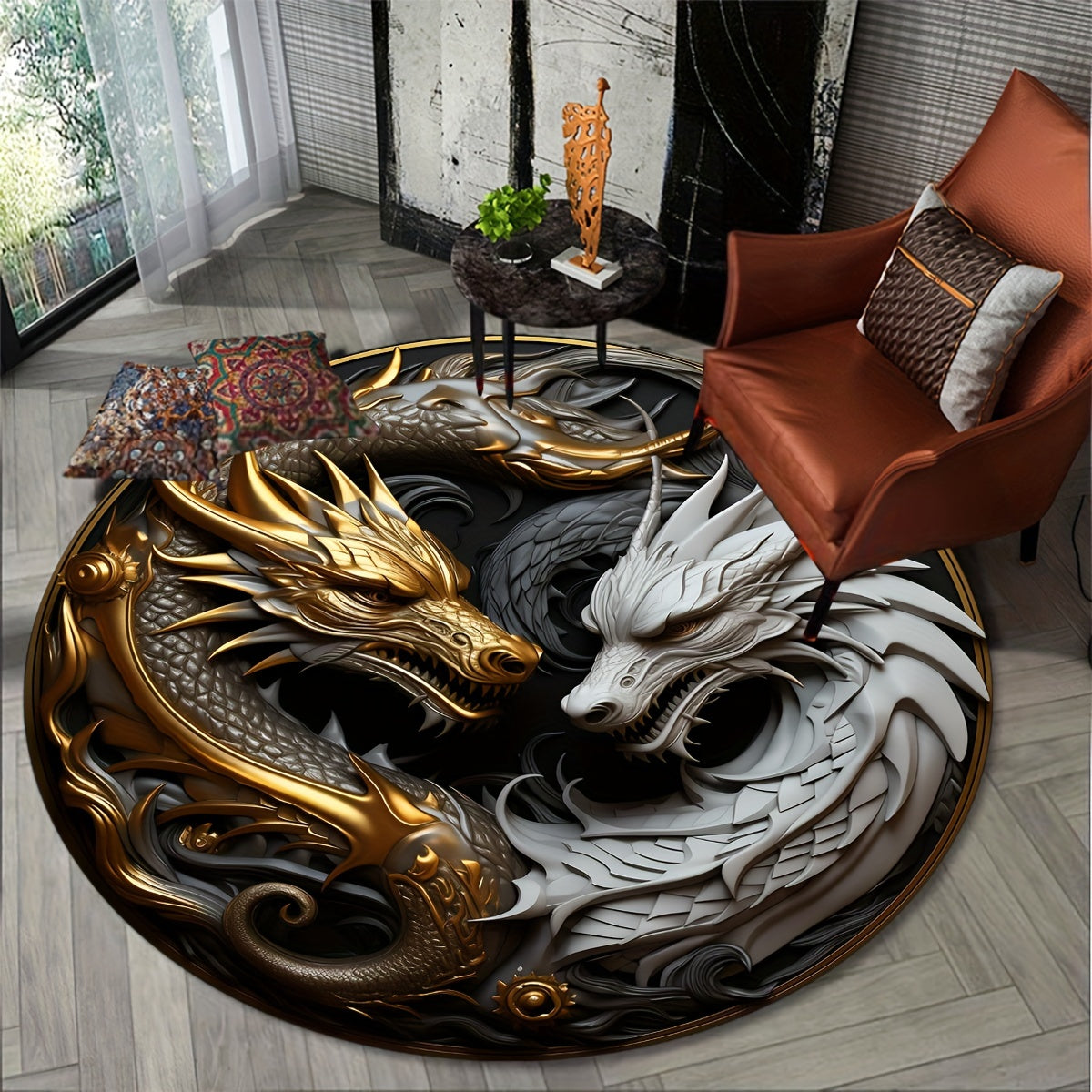 Round Carpet with Dragon Pattern – Non-Slip Fantasy Carpet for Living Room & Bedroom