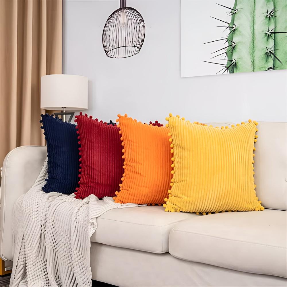 Soft Knitted Cushion Cover with Playful Pom-Poms