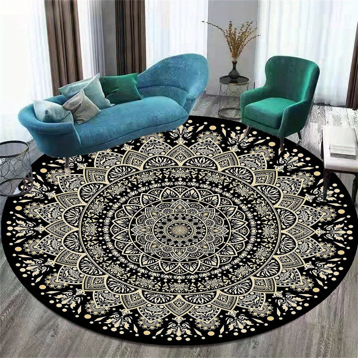 Round Mandala Rug with Non-Slip Backing – Stylish Boho Rug for Living Room & Bedroom