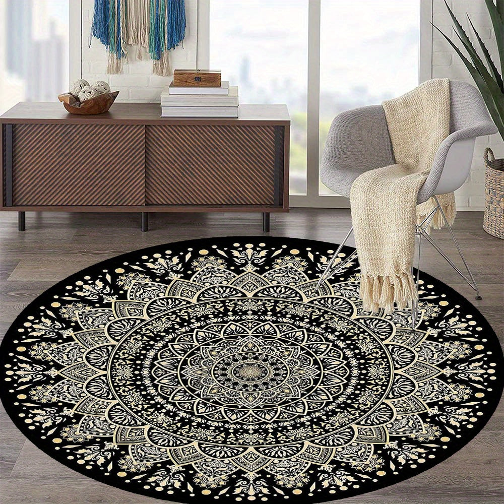 Round Mandala Rug with Non-Slip Backing – Stylish Boho Rug for Living Room & Bedroom