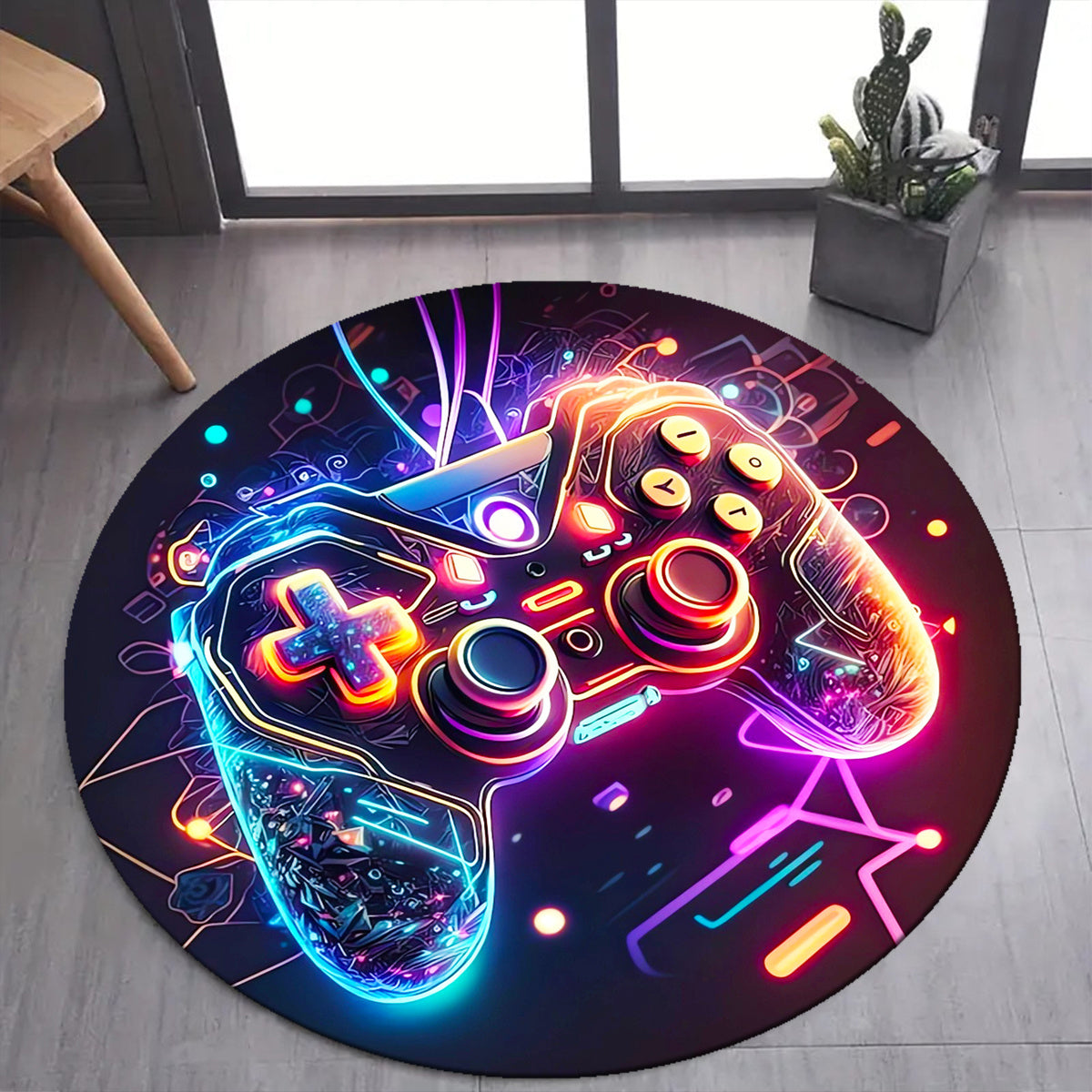 Round Gaming Carpet in Gamepad Design – Soft Crystal Velvet Carpet for the Gaming Room