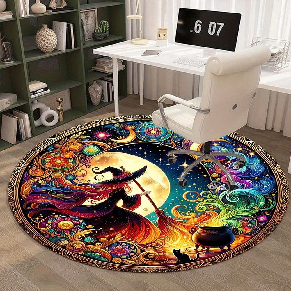 Round Carpet with Witch Motifs – Mystical Velvet Carpet for Living Room and Decor