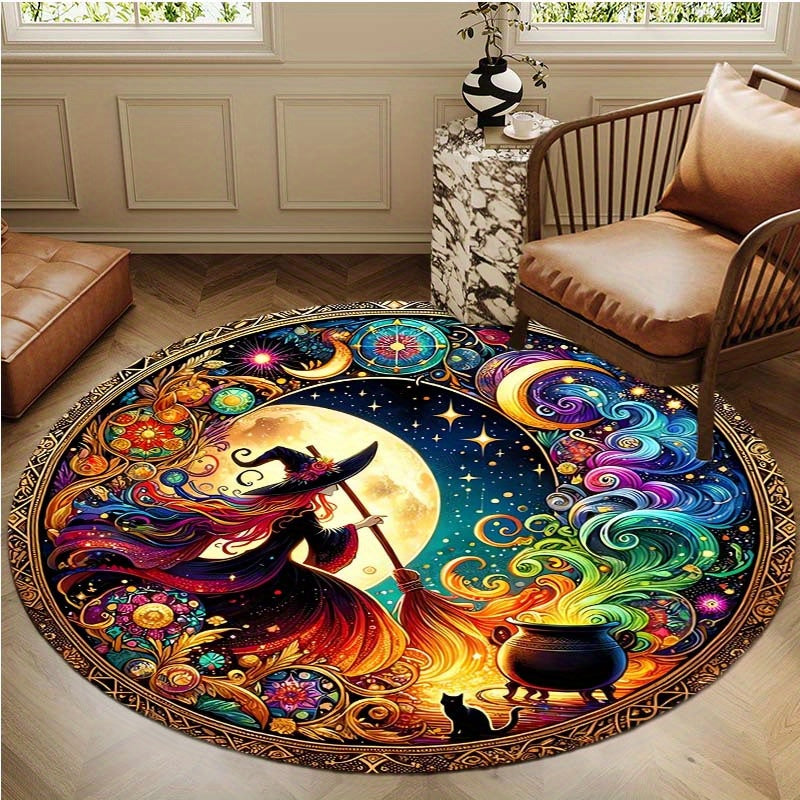 Round Carpet with Witch Motifs – Mystical Velvet Carpet for Living Room and Decor