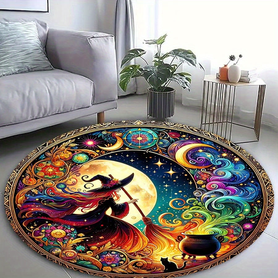 Round Carpet with Witch Motifs – Mystical Velvet Carpet for Living Room and Decor