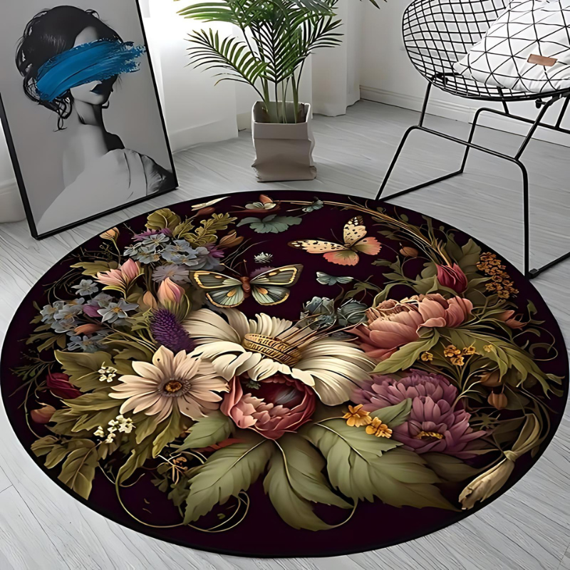 Round Rug with Butterfly and Flower Design – Stylish Boho Rug for Living Room & Bedroom