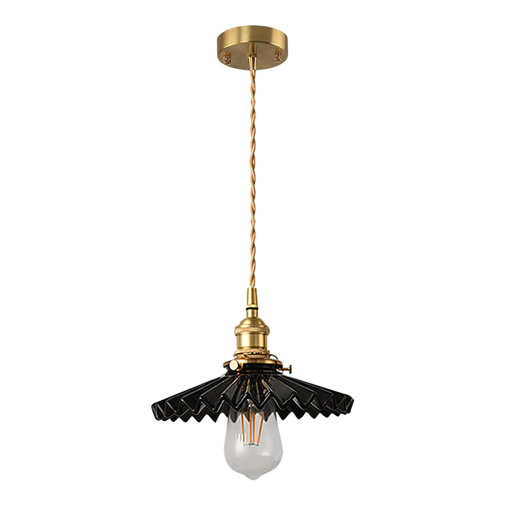 Vintage Ceramic Pendant Lamp with Pleated Design – Brass LED Pendant Light for Dining Room and Living Room