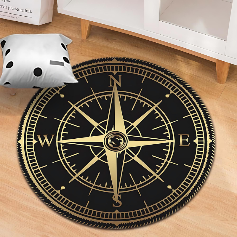 Round Rug with Compass Design – Elegant, Non-Slip Rug for Living Room & Bedroom