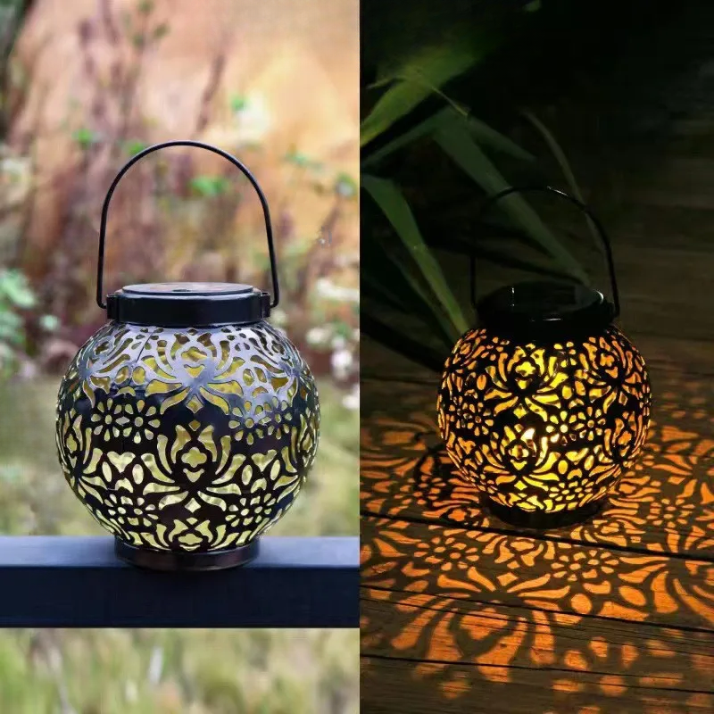 Solar-Powered LED Garden Lantern with Decorative Hollow Pattern – Outdoor Lighting for Patio and Garden