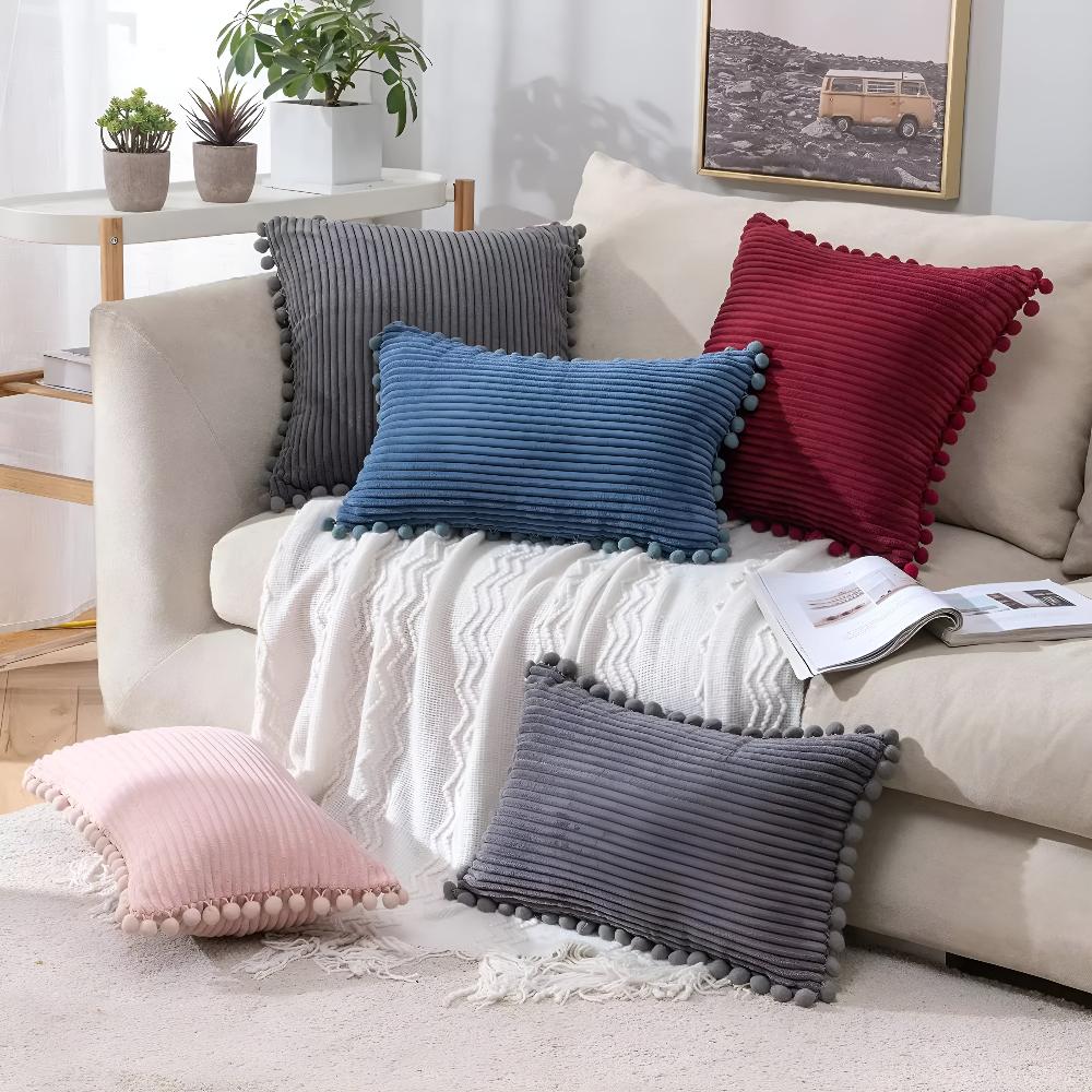 Soft Knitted Cushion Cover with Playful Pom-Poms