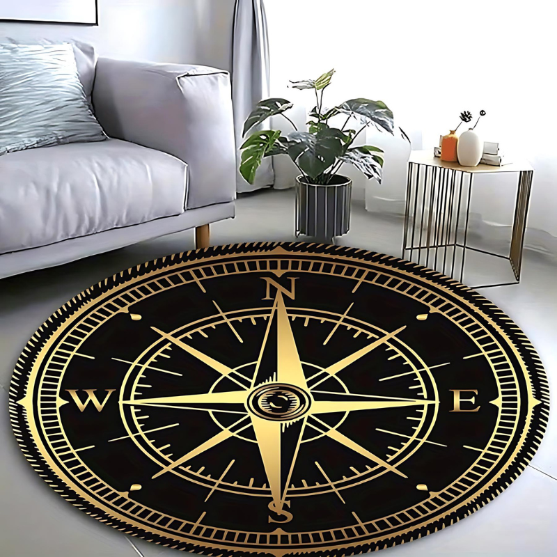 Round Rug with Compass Design – Elegant, Non-Slip Rug for Living Room & Bedroom