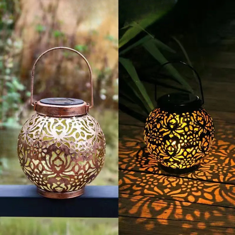 Solar-Powered LED Garden Lantern with Decorative Hollow Pattern – Outdoor Lighting for Patio and Garden