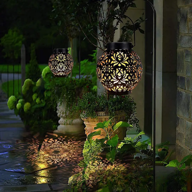 Solar-Powered LED Garden Lantern with Decorative Hollow Pattern – Outdoor Lighting for Patio and Garden