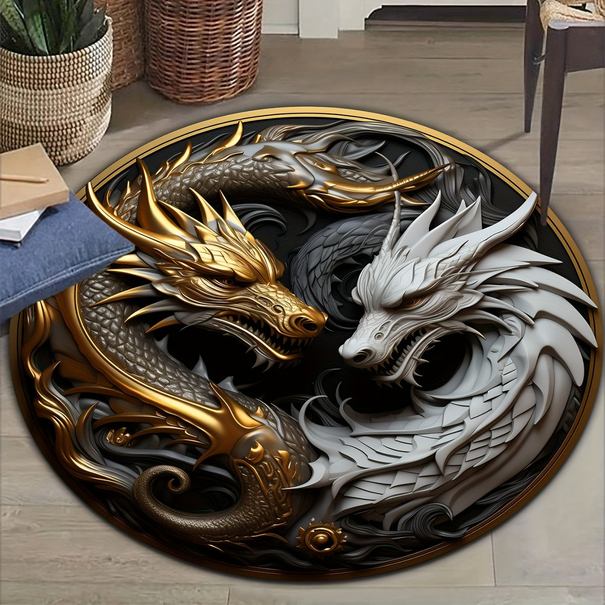 Round Carpet with Dragon Pattern – Non-Slip Fantasy Carpet for Living Room & Bedroom