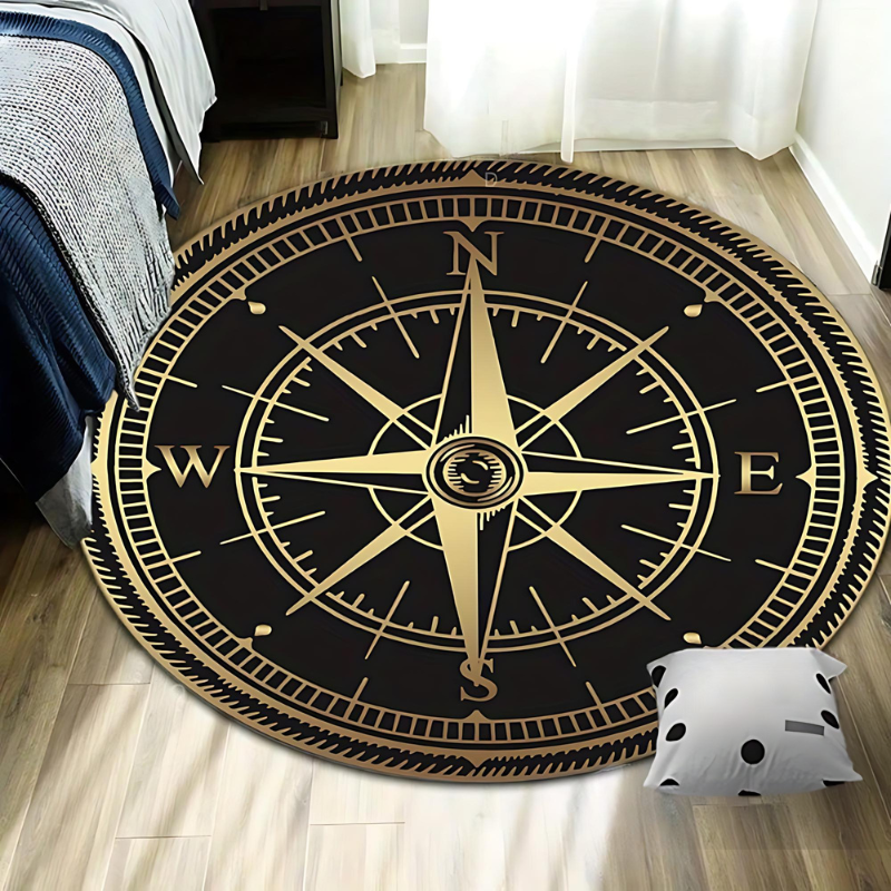 Round Rug with Compass Design – Elegant, Non-Slip Rug for Living Room & Bedroom