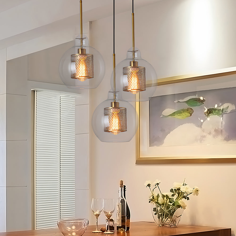 Vintage Industrial Pendant Light with Round Glass and Gold – LED Pendant Light for Dining Room and Living Room