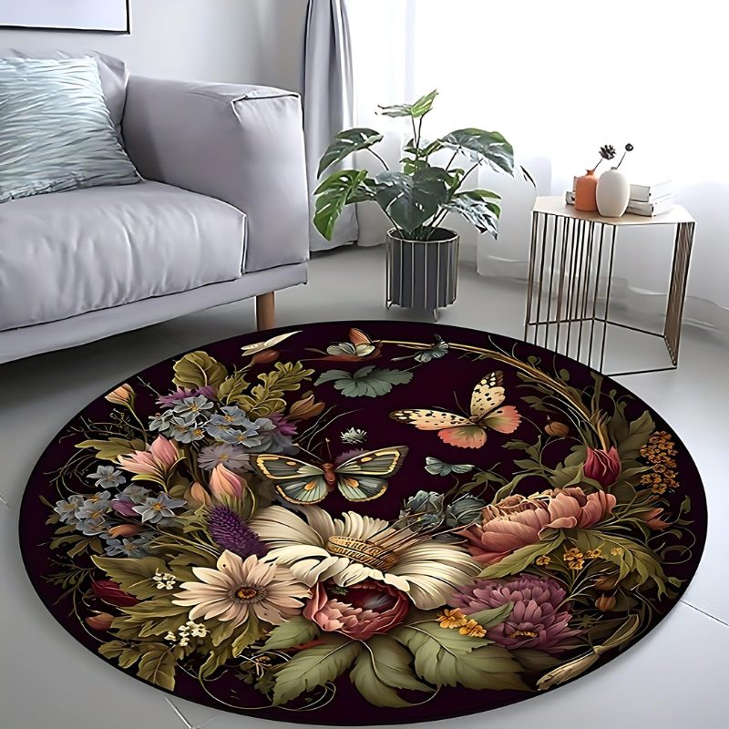 Round Rug with Butterfly and Flower Design – Stylish Boho Rug for Living Room & Bedroom