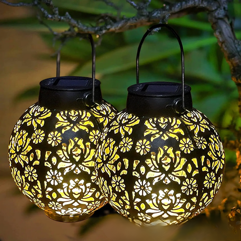 Solar-Powered LED Garden Lantern with Decorative Hollow Pattern – Outdoor Lighting for Patio and Garden