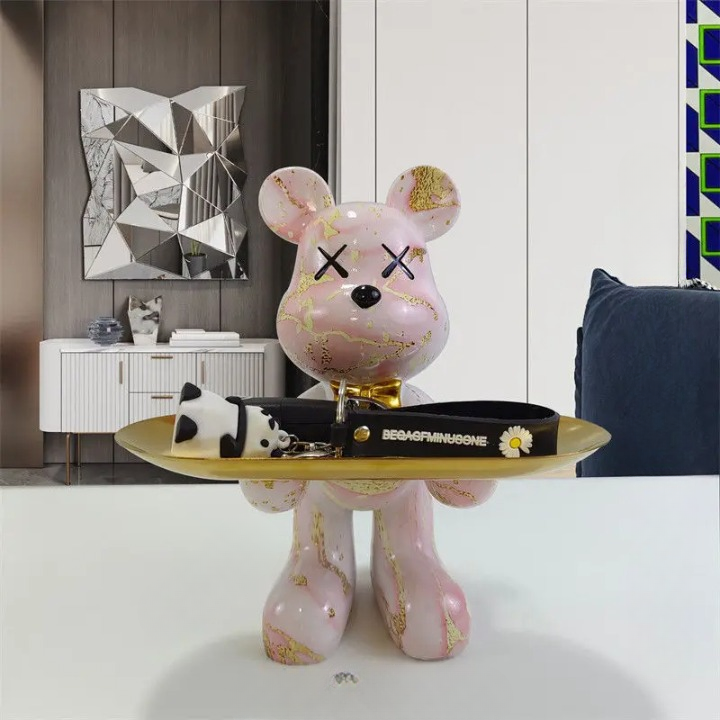 Bear Figurine with Tray, Modern Decorative Figure for Living Room and Hallway