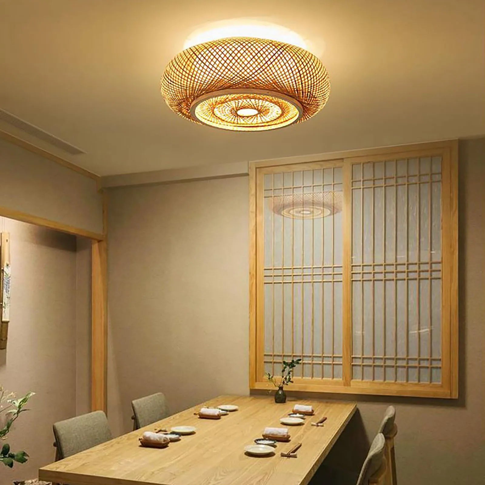 Natural Bamboo Ceiling Light, Flat LED Ceiling Lamp for Living Room & Bedroom