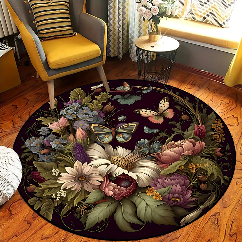 Round Rug with Butterfly and Flower Design – Stylish Boho Rug for Living Room & Bedroom