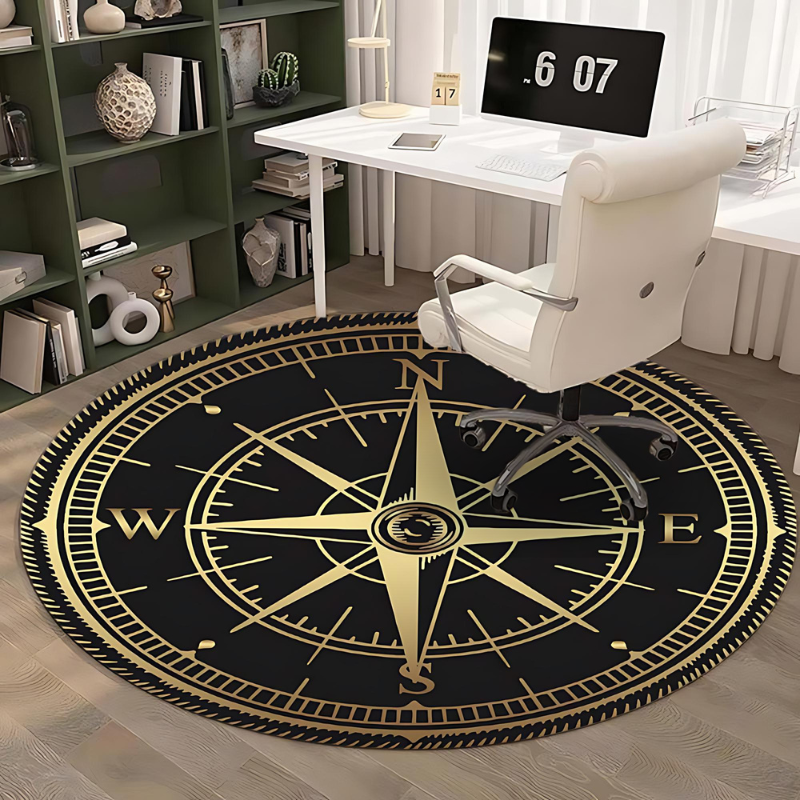 Round Rug with Compass Design – Elegant, Non-Slip Rug for Living Room & Bedroom