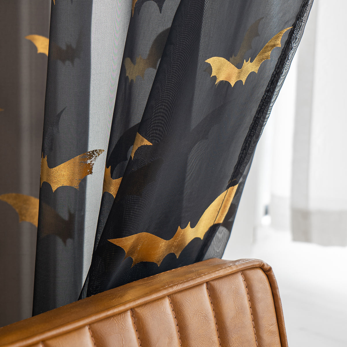 Transparent Polyester Curtains with Bat Pattern – Perfect Halloween Decoration for Windows